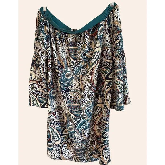 NWOT New Glam American Made Off-Shoulder Boho Print Dress Bell Sleeves Size S - Picture 6 of 9